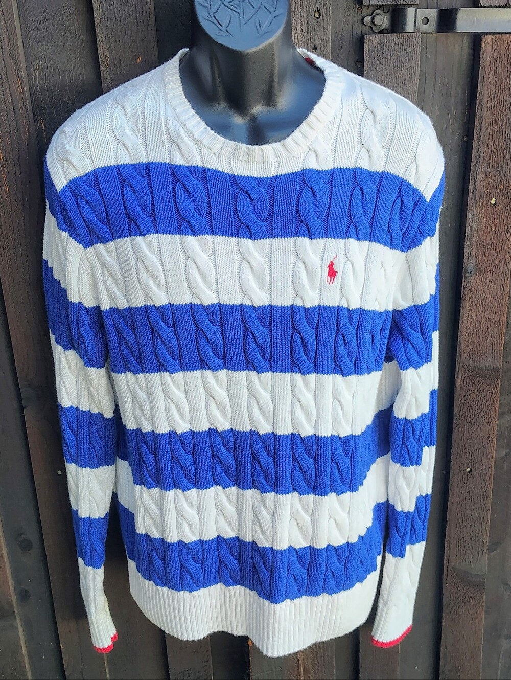 Ralph Lauren Striped Cable-Knit Crewneck Sweater - Blue & White